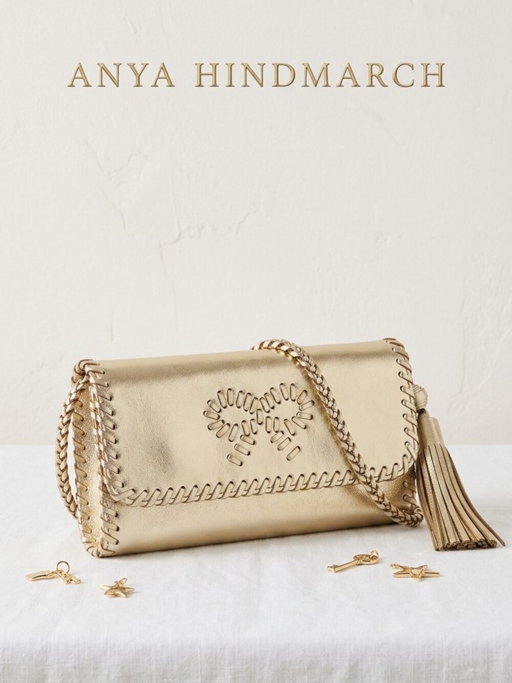 Anya Hindmarch Gold Leather Shoulder Bag Tassel Chain Strap Evening Bag Metallic